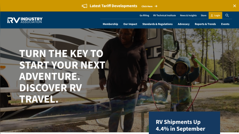 RV Industry Association homepage with navigation, announcement banner, and hero text promoting RV travel and shipment growth.