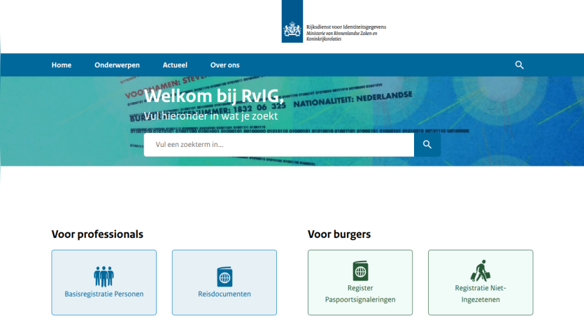 Government identity service homepage with navigation, welcome message, search bar, and sections for professionals and citizens