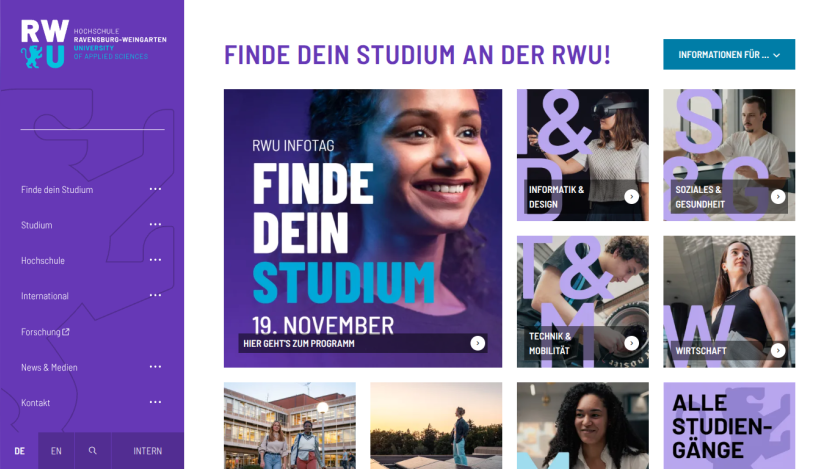 University homepage promoting study programs with event info and categories like Informatics, Design, Health, Mobility, and Economy