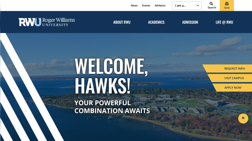 Homepage of Roger Williams University welcoming visitors with a scenic background.