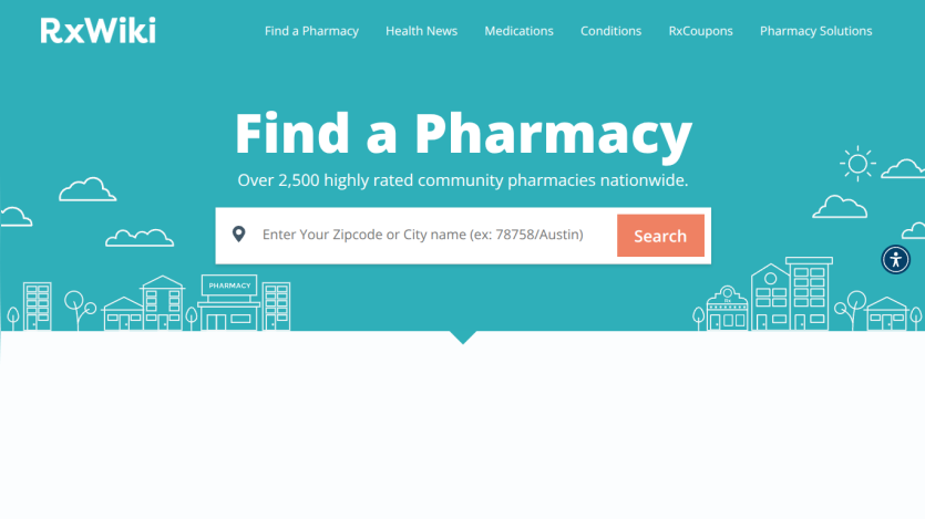 Search for community pharmacies with location input and a search button.