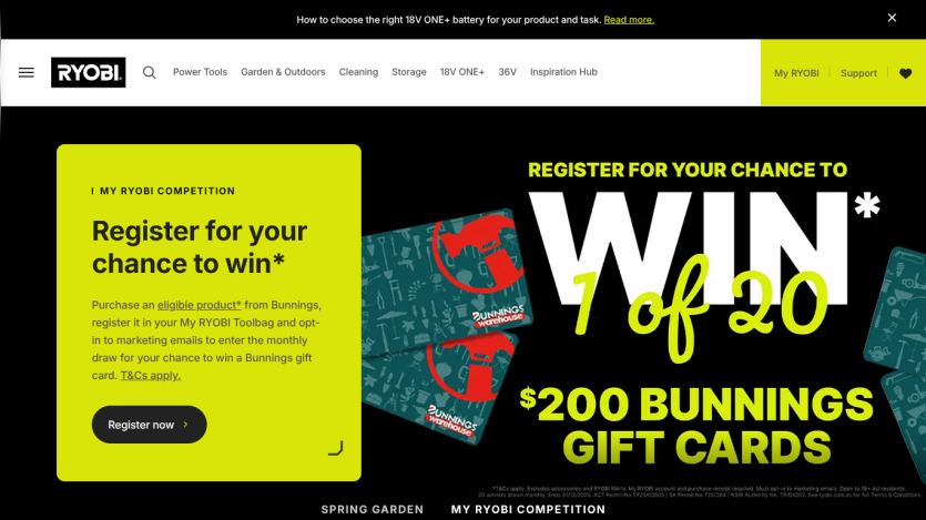 RYOBI website hero section with a man standing next to a lawn mower and a dinosaur statue, promoting a spring garden competition