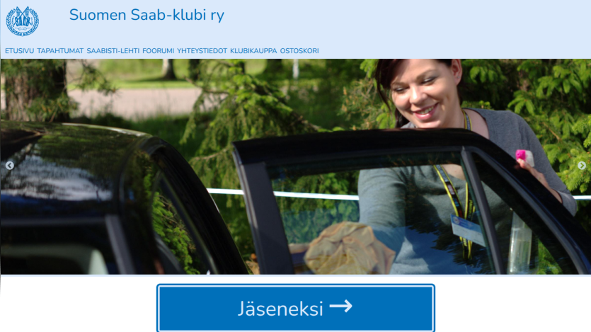 Suomen Saab-klubi ry website with navigation links and a smiling woman opening a car door, membership button visible