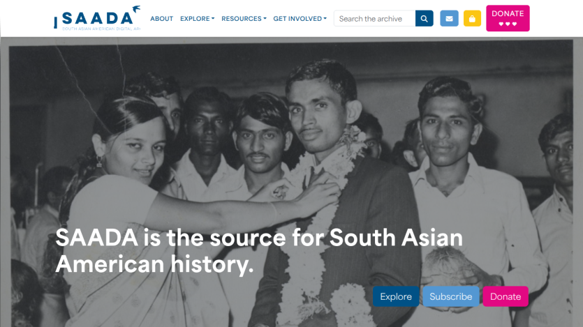 SAADA homepage highlighting South Asian American history with navigation and call-to-action buttons