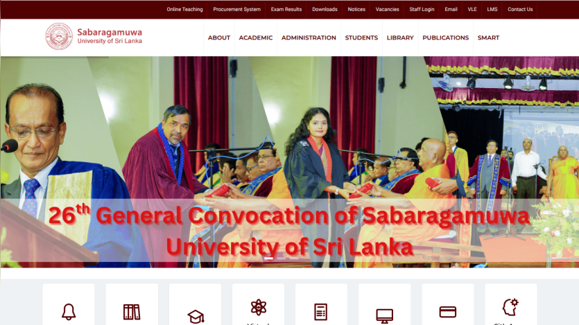 Sabaragamuwa University of Sri Lanka website showing 26th General Convocation banner with navigation menu