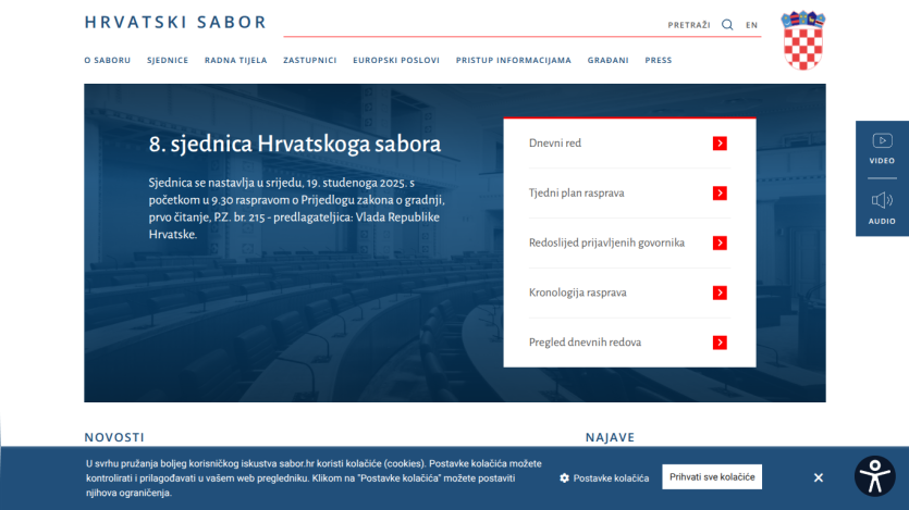 Croatian Parliament website showing details of the 8th session with agenda and discussion topics