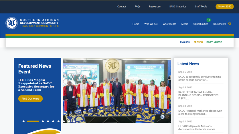 Southern African Development Community homepage featuring a news event and group of officials in formal attire.
