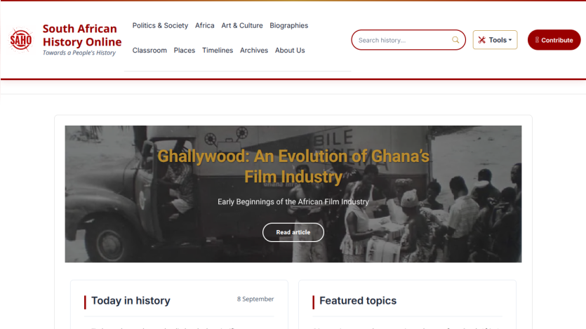 Homepage of South African History Online featuring a section on Ghana's film industry.