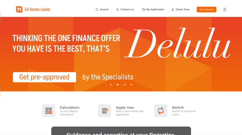 SA Home Loans website with orange hero banner offering finance pre-approval and navigation options for calculators, apply, and switch