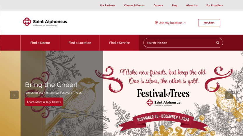 Saint Alphonsus website promoting the Festival of Trees event from November 25 to December 1, 2025, with navigation links and search bar