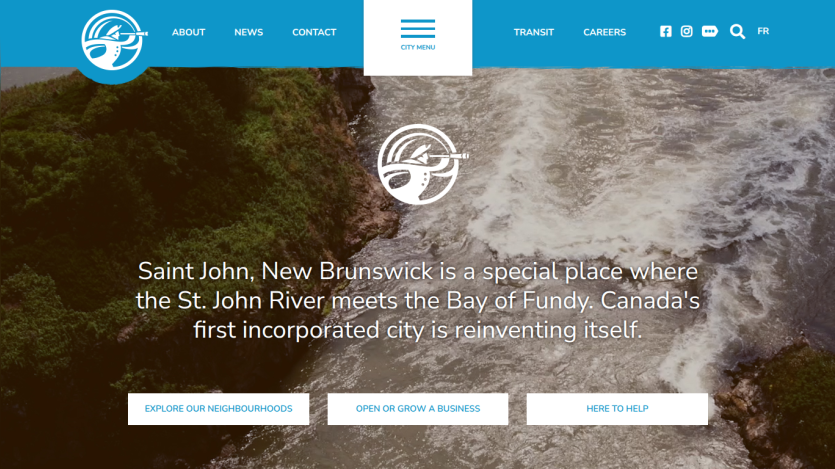 City of Saint John, New Brunswick website with river background and navigation links