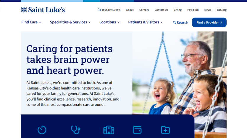 Homepage of Saint Luke's with a tagline about patient care and a family image.