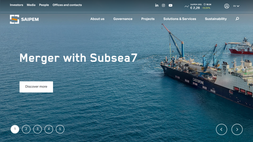 Homepage featuring a merger announcement with Subsea7 and a call to action button.