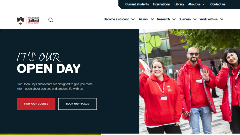 Open Day announcement with options to find courses and book a place.