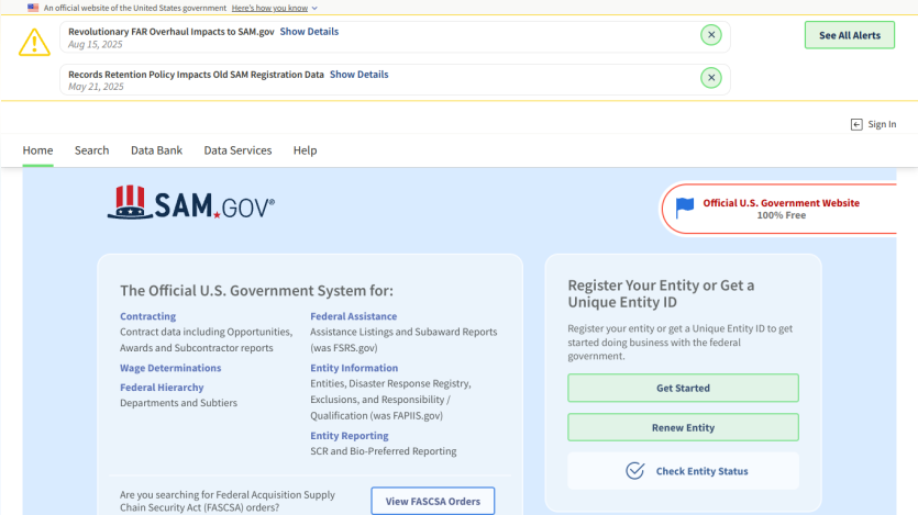Official U.S. Government System for Award Management homepage with registration options.