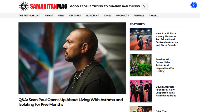 Article on Sean Paul discussing asthma and isolation, with a prominent image and title.