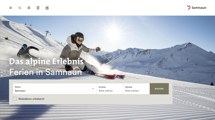 Skiers on a sunny snowy mountain with a booking search form for Samnaun holidays