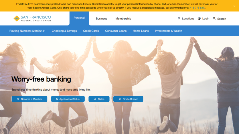 Homepage of a bank promoting worry-free banking with a cheerful group of people.