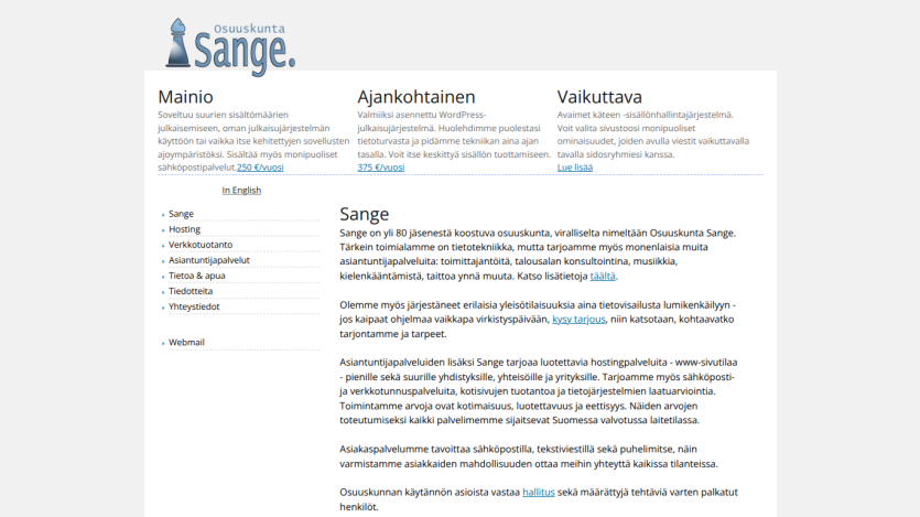 Osuuskunta Sange website offering WordPress publishing system, hosting, and expert services with contact info and membership details