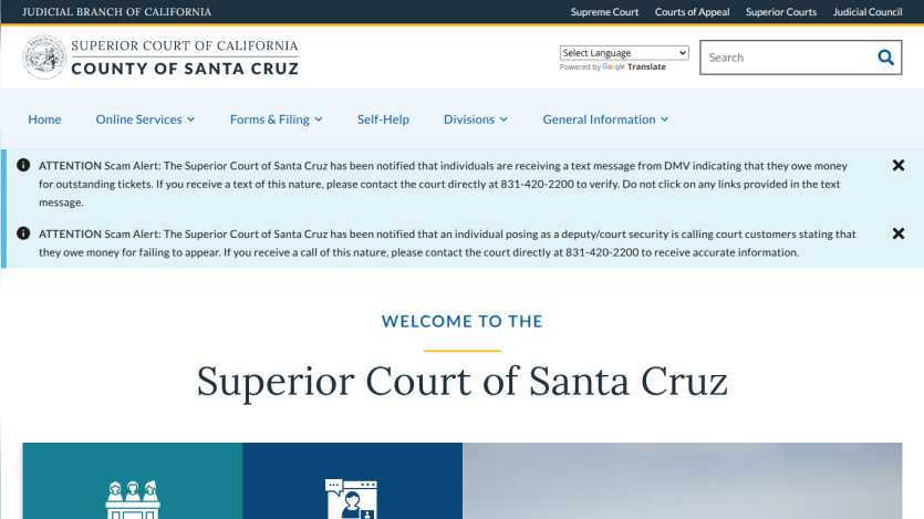 Superior Court of Santa Cruz homepage with navigation, scam alerts, and welcome message