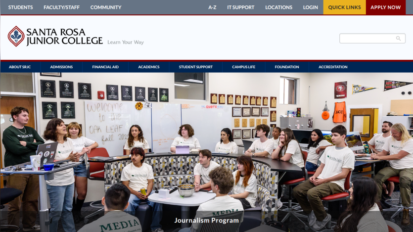 Santa Rosa Junior College homepage featuring students in a classroom setting.
