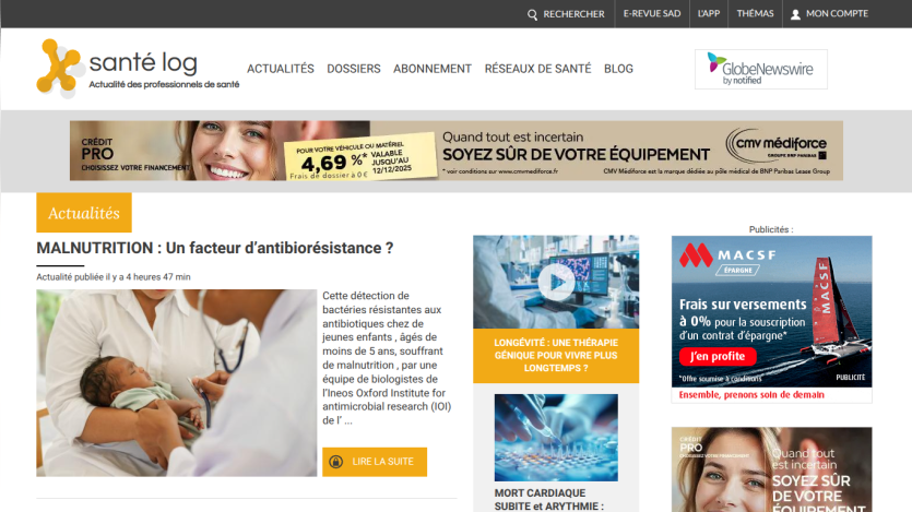 Health news website homepage featuring articles on malnutrition and advertisements in French