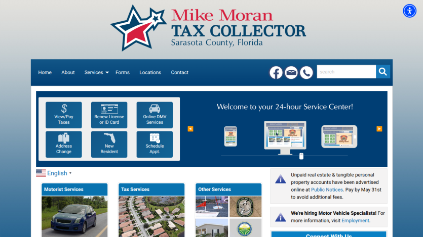 Homepage of Mike Moran Tax Collector with service options and welcome message.