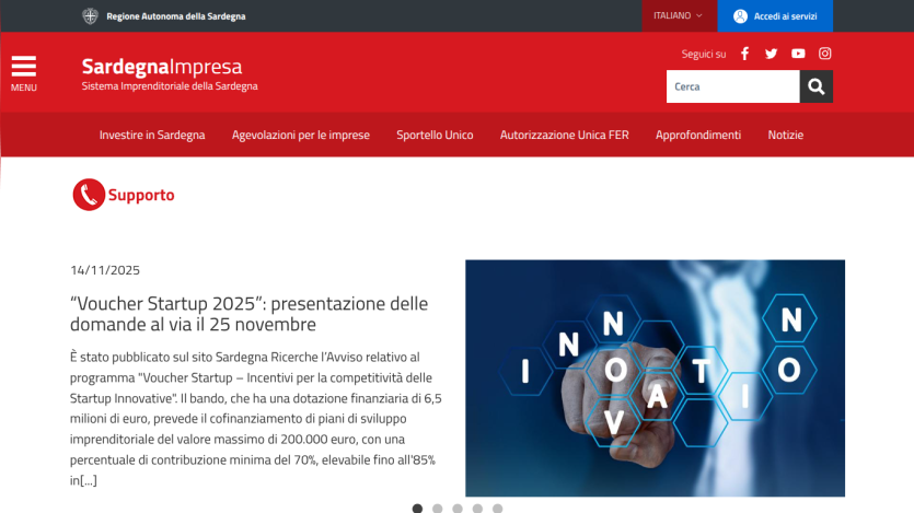 Sardegnalmpresa website showing startup voucher announcement and innovation-themed image