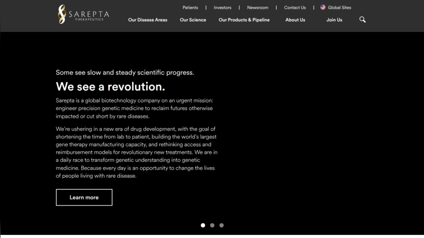 Sarepta Therapeutics homepage with mission statement on genetic medicine and image of a boy named Charles with Duchenne muscular dystrophy