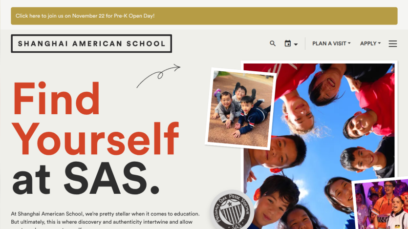 Shanghai American School homepage with slogan 'Be Yourself at SAS' and images of smiling children in a circle