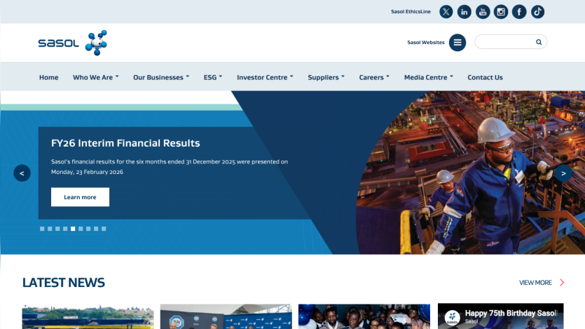 Homepage featuring a woman in safety gear promoting Sasol bursary applications.