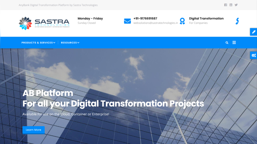Homepage of SASTRA Technologies showcasing AB Platform for digital transformation.