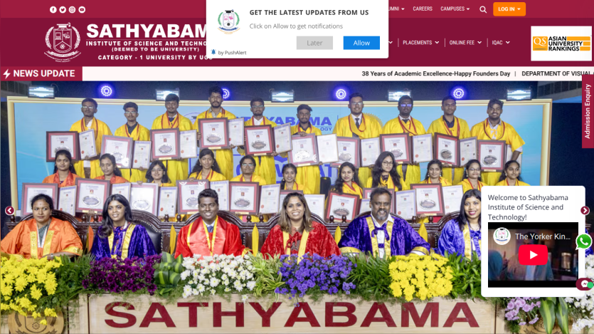 Sathyabama Institute of Science and Technology homepage with group photo of award recipients and navigation menu