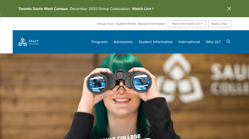 Toronto South West Campus homepage with navigation bar and smiling student holding binoculars in hero section