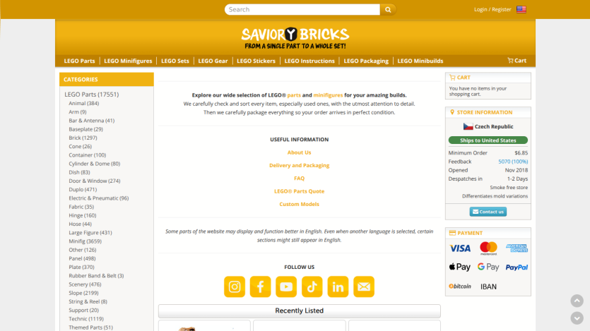 Savior Bricks website with LEGO parts categories, navigation menu, store info, and social media links