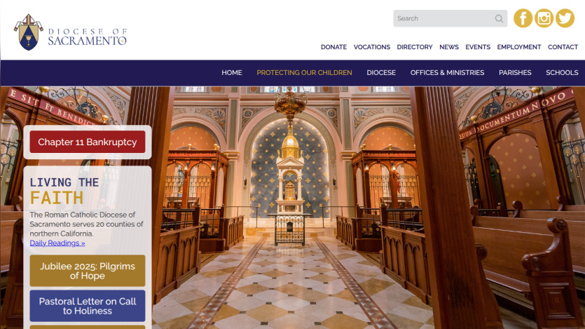 Roman Catholic Diocese of Sacramento homepage with church interior background and links to faith resources and events