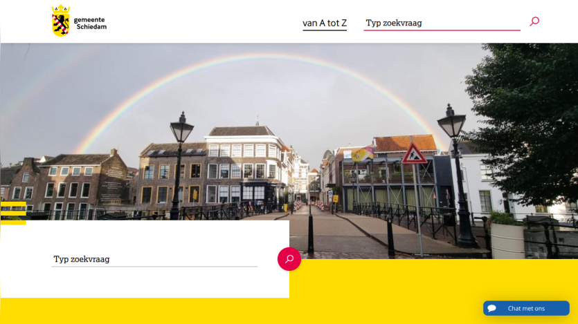 Municipality of Schiedam website with search bar and rainbow over city street in hero image