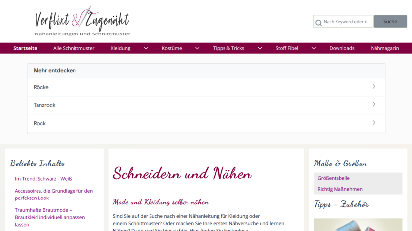 Website header with navigation links and introductory text about sewing and clothing.