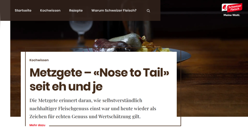 Article about Metzgete and sustainable meat enjoyment with navigation menu and Schweizer Fleisch logo