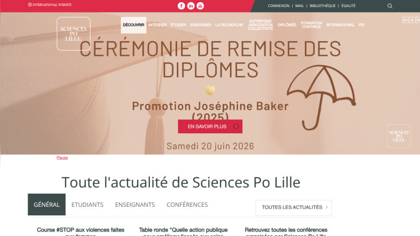 Sciences Po Lille homepage featuring diploma ceremony announcement for Promotion Joséphine Baker on June 20, 2026