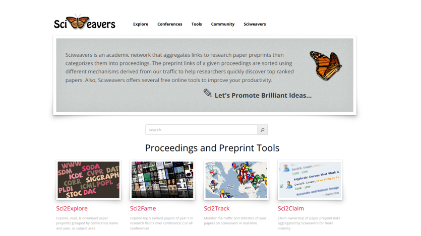 Sciweavers academic network homepage with description, navigation menu, search bar, and preprint tools sections