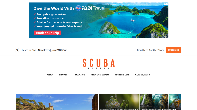Scuba diving website featuring travel deals and navigation options.