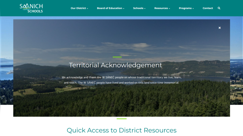 Territorial Acknowledgement statement with scenic background and resource access link.