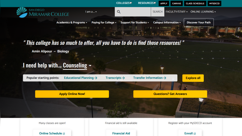 San Diego Miramar College homepage with navigation, student testimonial, counseling help options, and call-to-action buttons