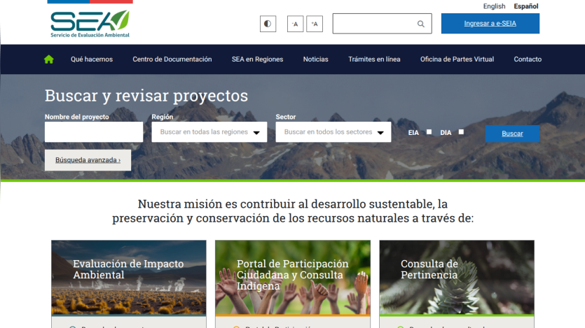 Environmental evaluation service website with project search form and mission statement on sustainable development