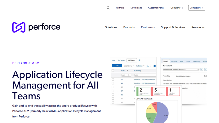Perforce ALM homepage with headline about application lifecycle management for all teams and product screenshots