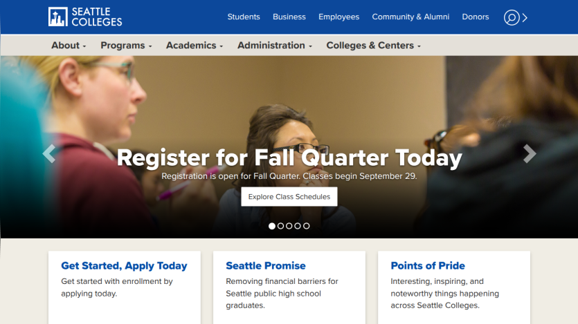 Seattle Colleges homepage promoting Fall Quarter registration with key information and links.