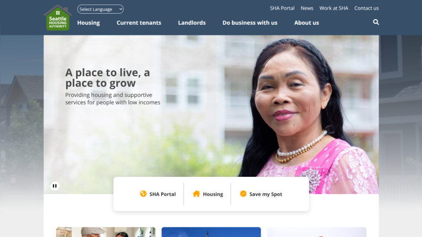 Seattle Housing Authority homepage offering housing and supportive services for people with low incomes