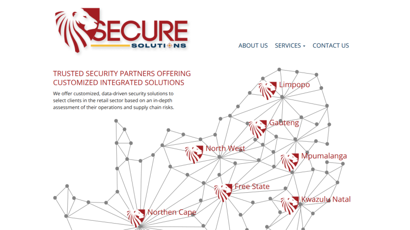Secure Solutions website with navigation and a network map highlighting South African regions served