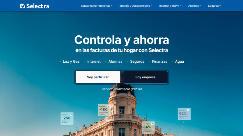 Selectra homepage with navigation bar and hero section promoting savings on home bills with options for individuals and businesses
